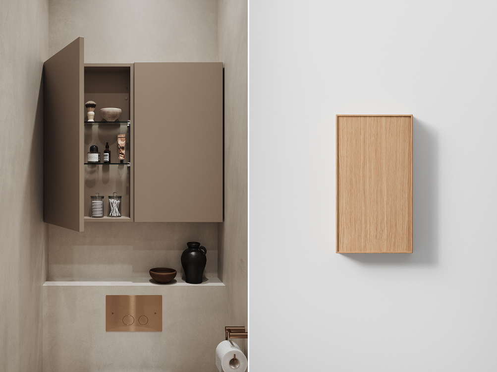 Två små badrumsskåp - ett med öppen dörr.