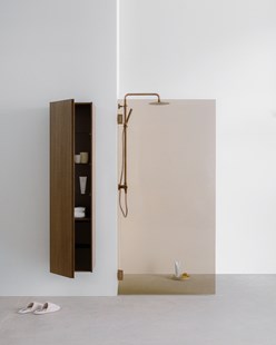 Baderomsinnredning i mørk eik kombinert med bronsefarget dusjglass og armatur i børstet bronse.