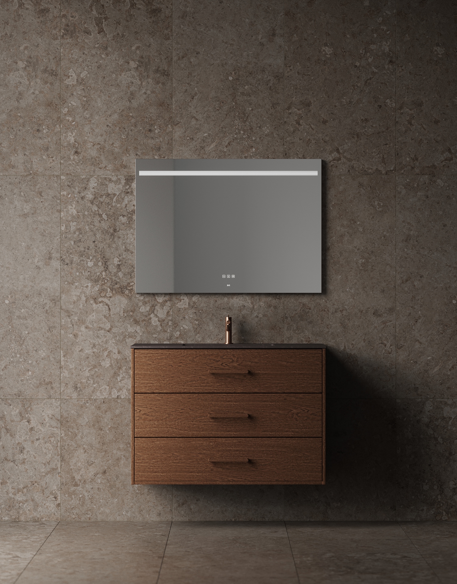 Servantskap i Terra Solid Dark Oak mot naturstein, med moderne speil og minimalistiske detaljer – typisk for baderomstrender 2026.