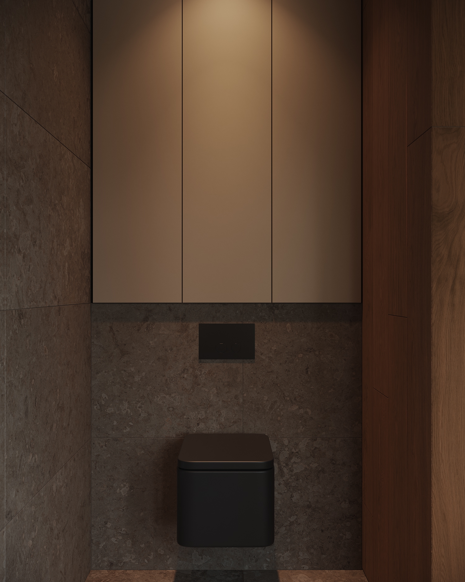 Innebygd veggskap i et moderne baderom med naturstein og mørke detaljer, typisk for baderomstrender 2026.