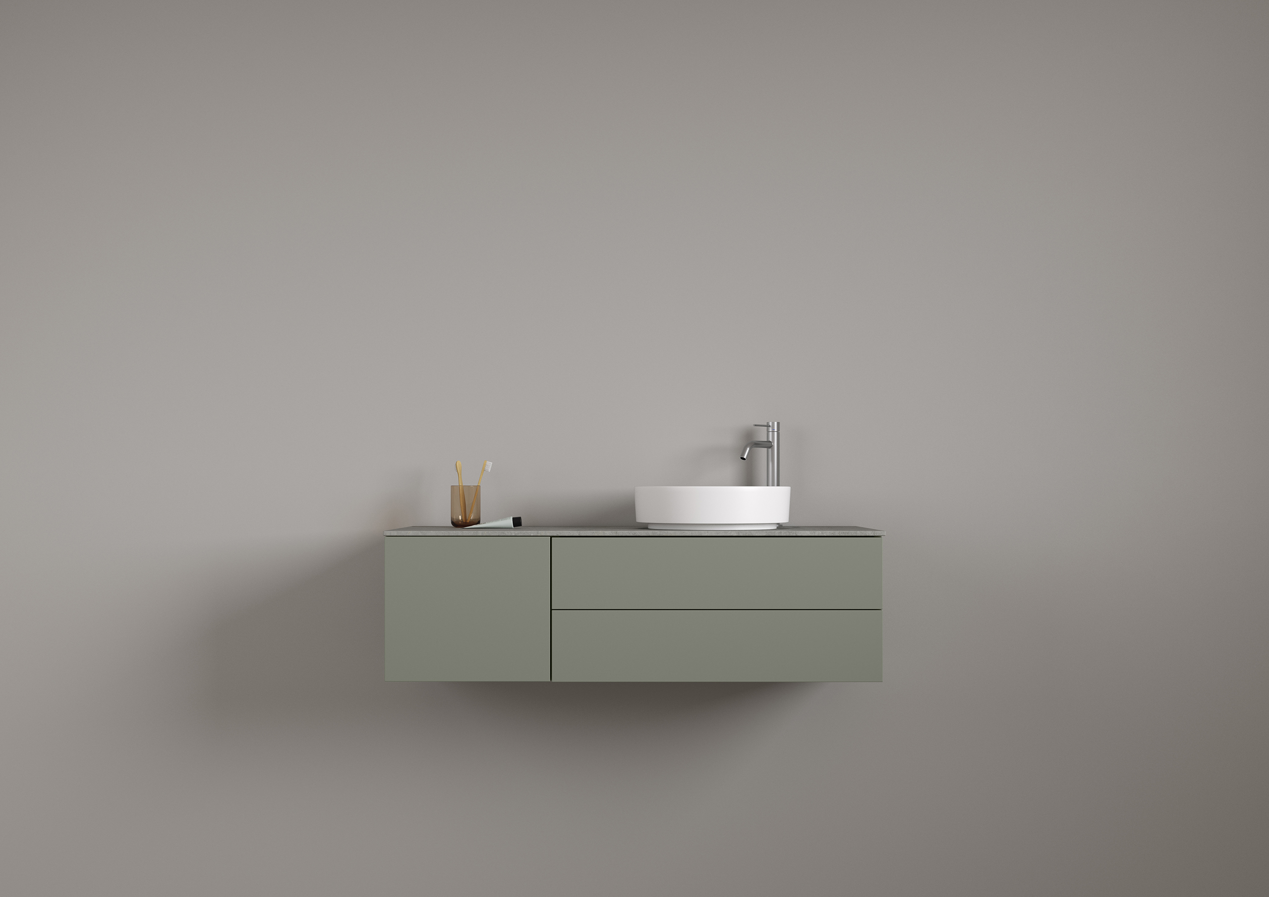 AIR Solid 120 A i Forest NCS S 5005 G50Y med benkeplate Raw Concrete.
