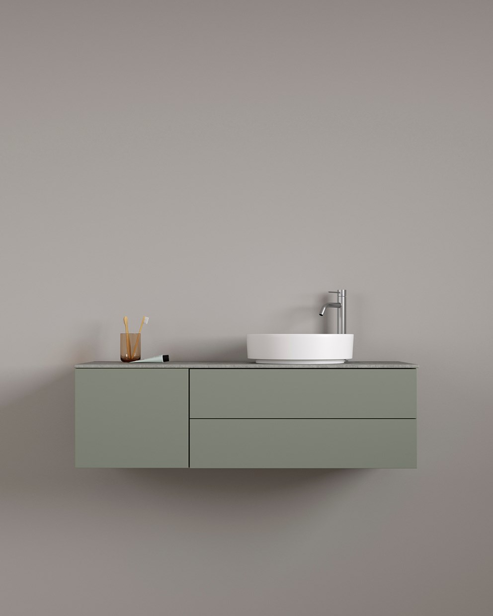 AIR Solid 120 A i Forest NCS S 5005 G50Y med benkeplate Raw Concrete.