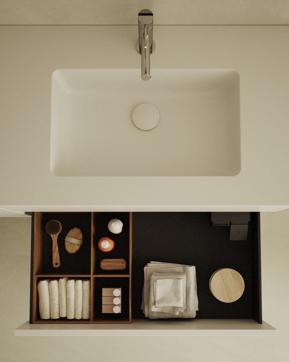 Servantskap Core Solid med tilvalg Plus Storage, ekstra dyp skuff, og skuffeinnredning Plus Divider.