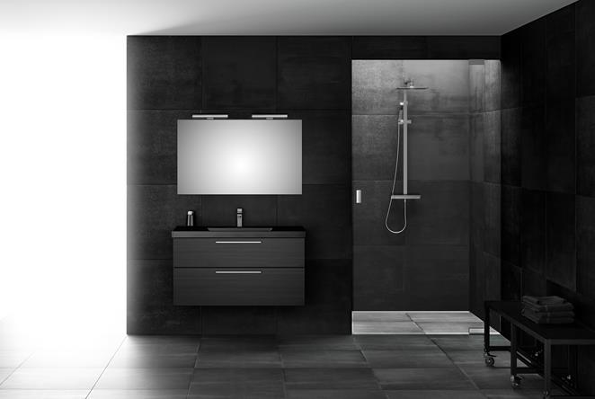 Dusjvegg EPIC 2 med servantskap VISKAN Solid 120 i Black Oak og speil FEEL 120.
