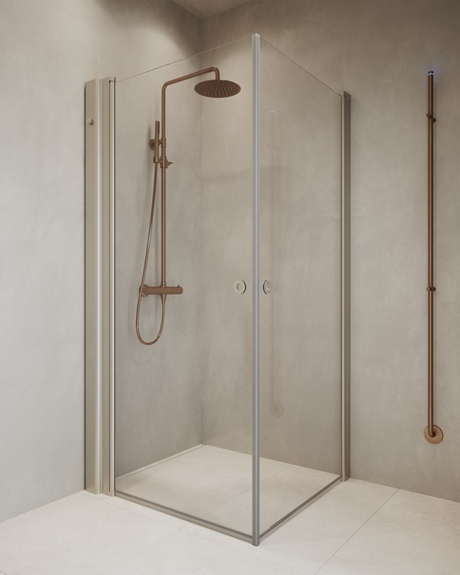 Dusjhjørne Linc Angel med den integrerte oppbevaringen Pile i Stone. Takdusjsett i Brushed Bronze. 