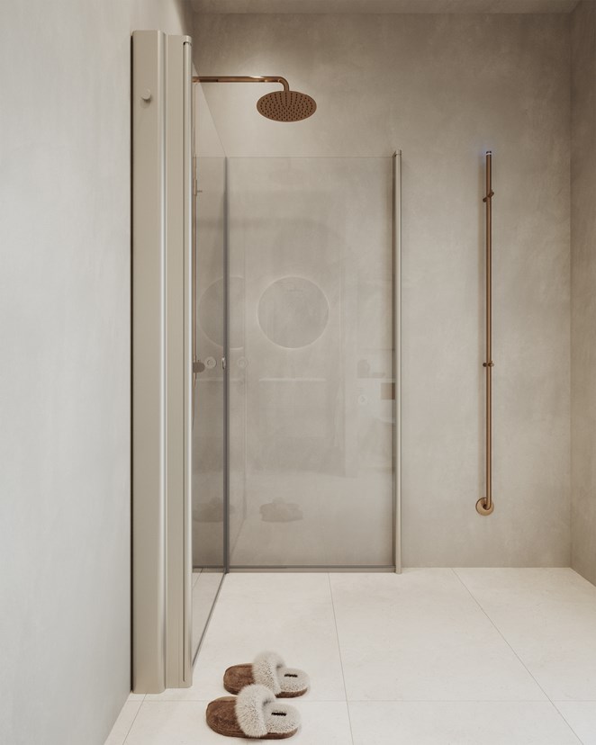 Dusjhjørne Linc Angel med den integrerte oppbevaringen Pile i Stone. Takdusjsett i Brushed Bronze. 