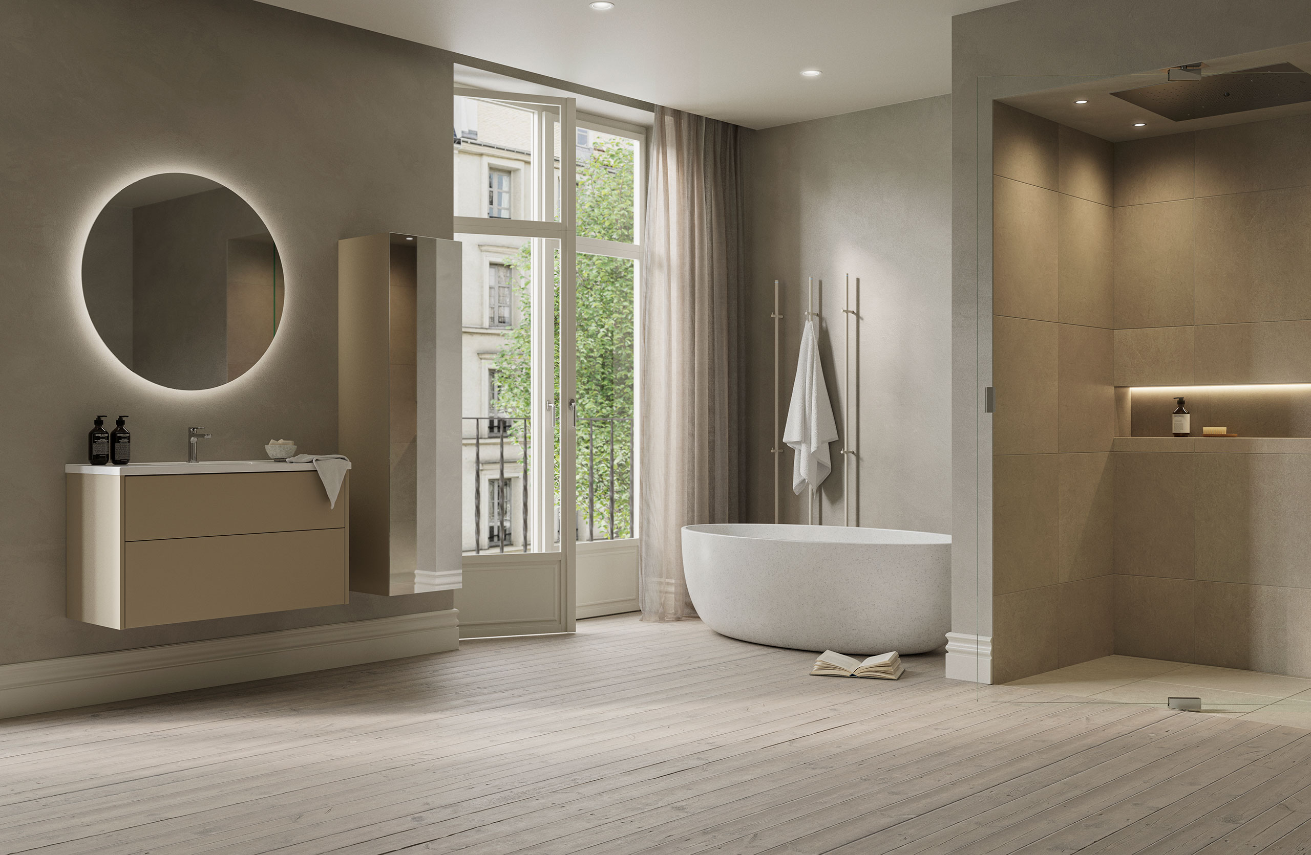 Grand Solid 100 i NCS S 4005-Y20R med speil Loox 90 og speiloppbevaring Twin.