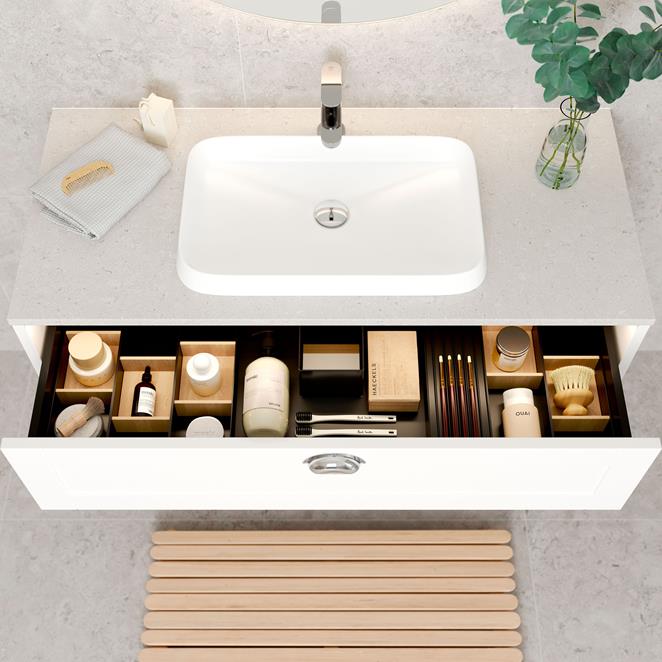 GRAND Classic 100 med LEVEL benkeplate Raw Concrete. Servantbatteri SLEEK.
