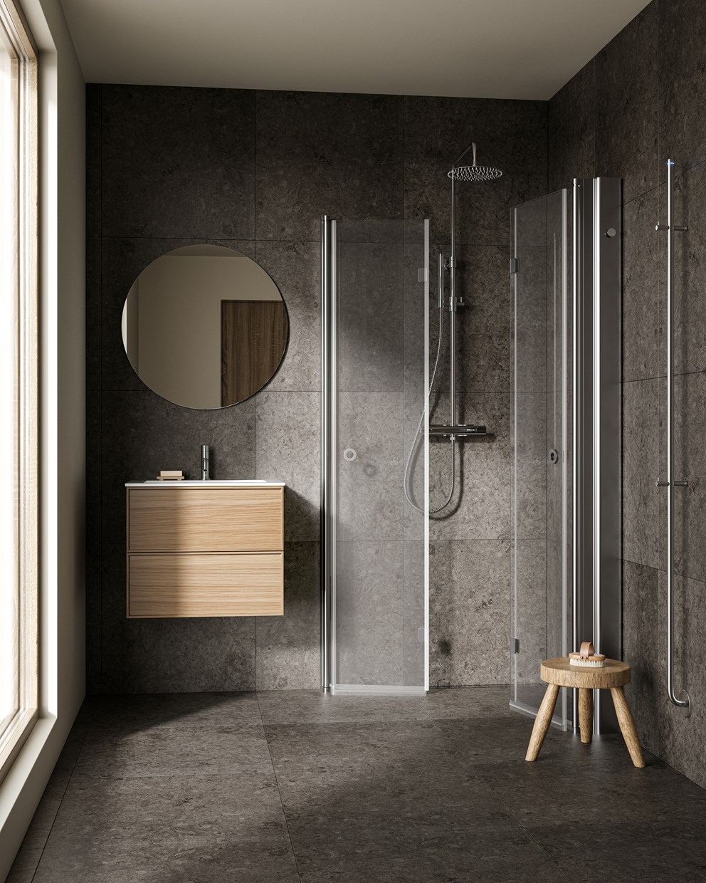 Servantskap Core Sense 60 i Natural Oak med servant Smooth. Dusjhjørne Linc Angel Flex med Pile og takdusj Mist. Håndkletørker Line.