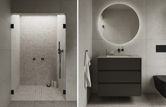 Duschvägg Arc 3 Original med Stenvide Fog 60x60 och Alvaret Ash 6x6. Terra Grip 80 i NCS 7005-G80Y med spegel Loox 90.