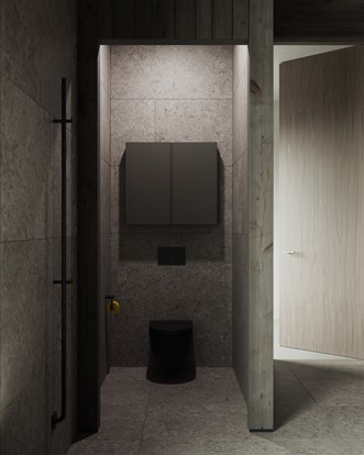 Veggskap Solid 40/15 i Carbon Grey med håndkletørker Line og Alvaret Slate 60x120.