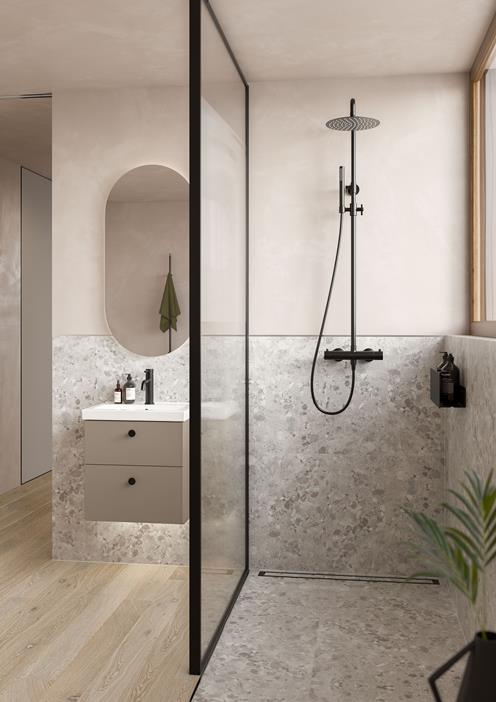 Dusjvegg EDGE 20 Plus med glasset Sway. Takdusjsett STEEL PLEASURE 2. 
